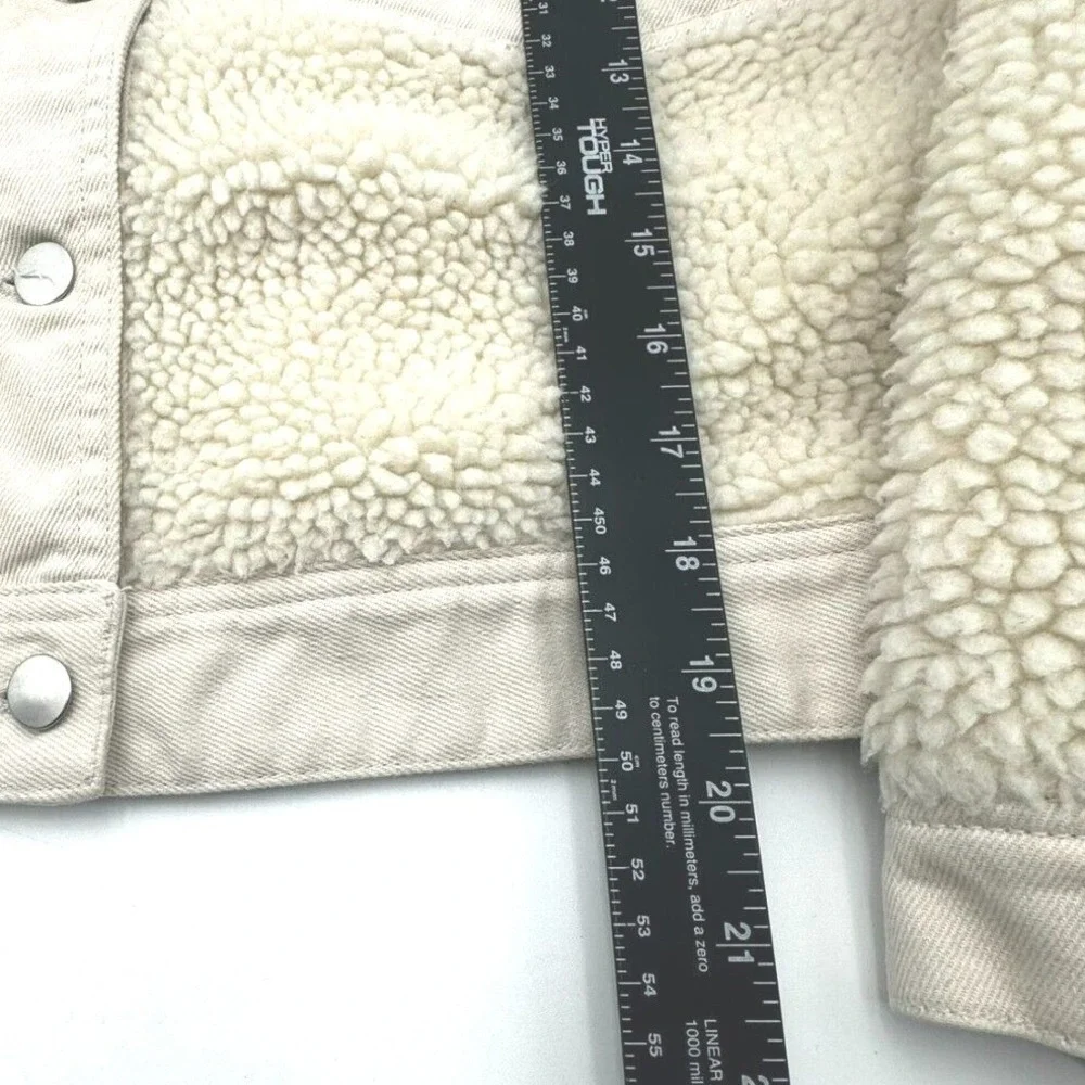 ZARA Women's Large Shearling Cream Beige Denim Trucker Biker Jacket Pockets Coat